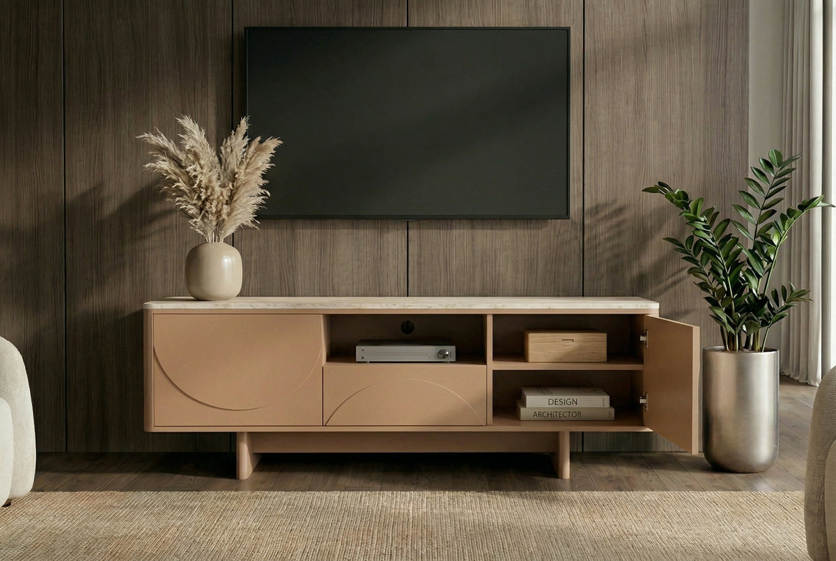 Design TV Board SAVOY 150cm grau beige greige Travertin Keramik mit Schublade 3D-Front
