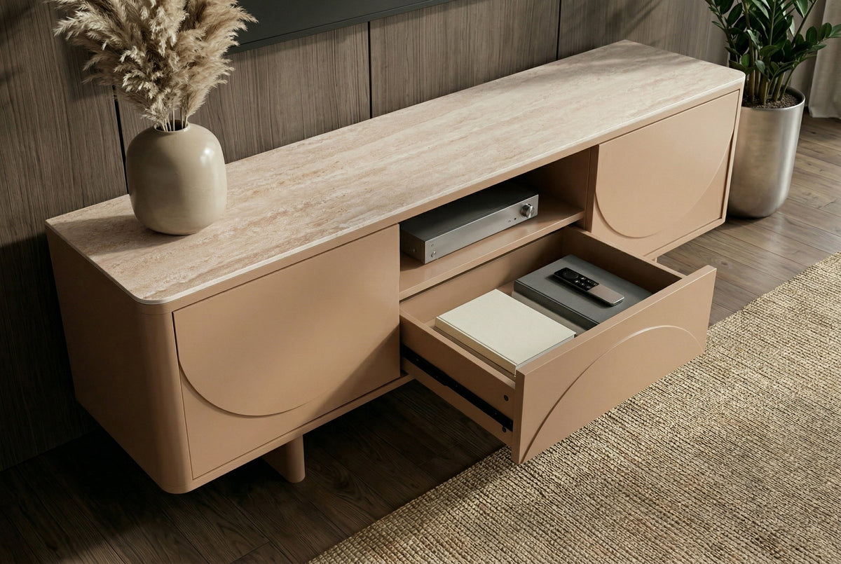 Design TV Board SAVOY 150cm grau beige greige Travertin Keramik mit Schublade 3D-Front