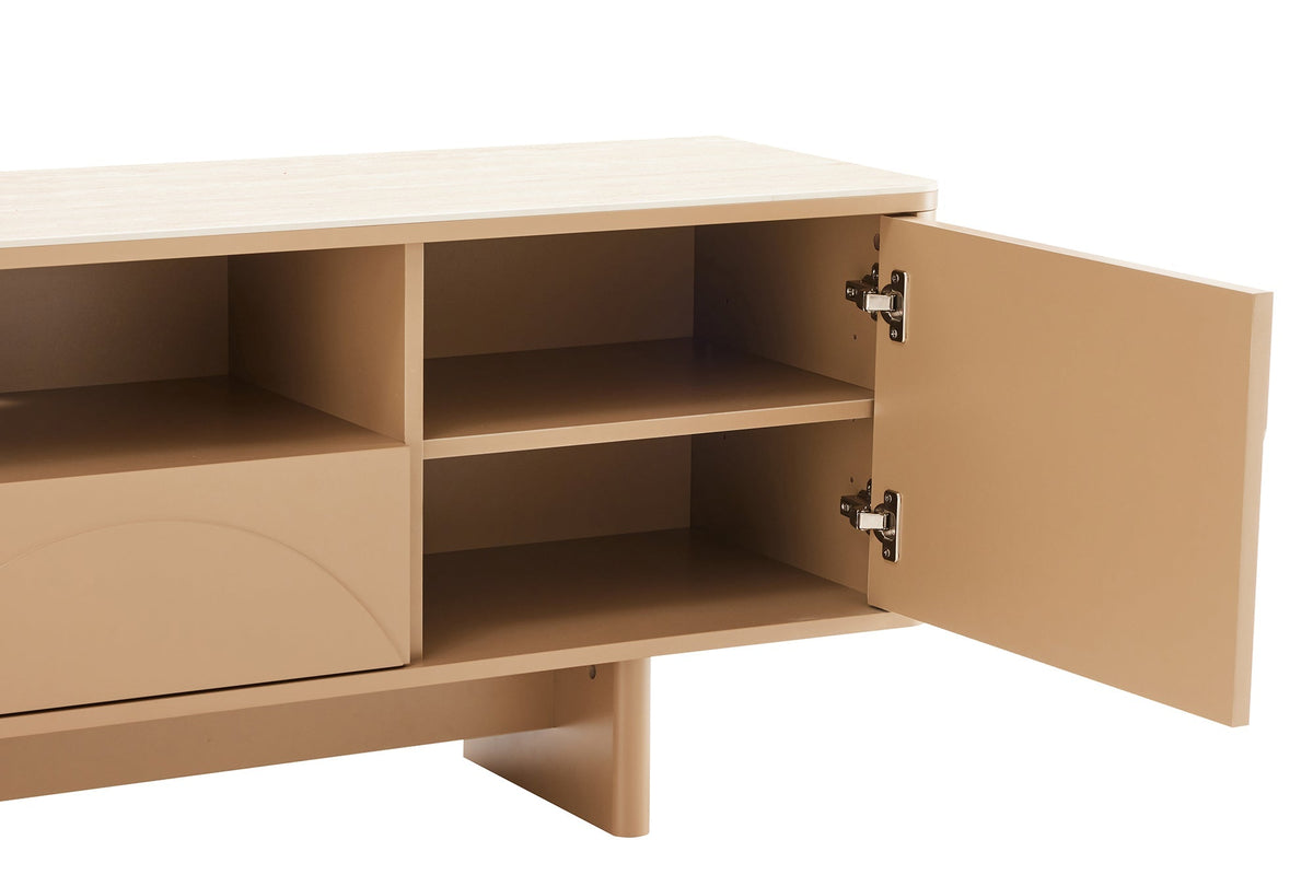 Design TV Board SAVOY 150cm grau beige greige Travertin Keramik mit Schublade 3D-Front