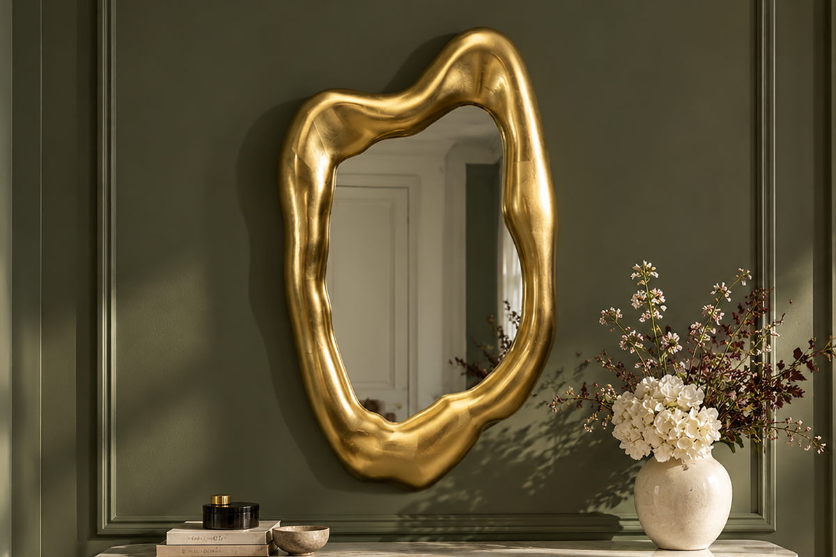 Design Wandspiegel AURA 95cm gold organische Form variabel aufhängbar