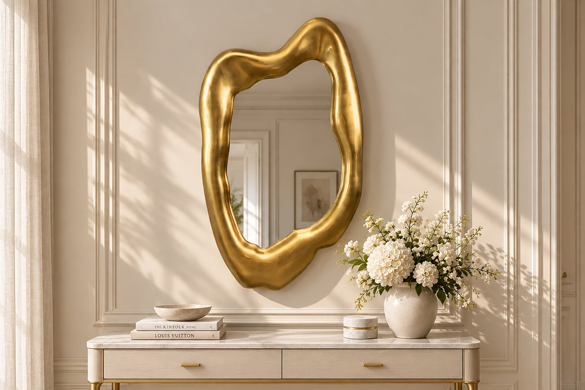 Design Wandspiegel AURA 95cm gold organische Form variabel aufhängbar