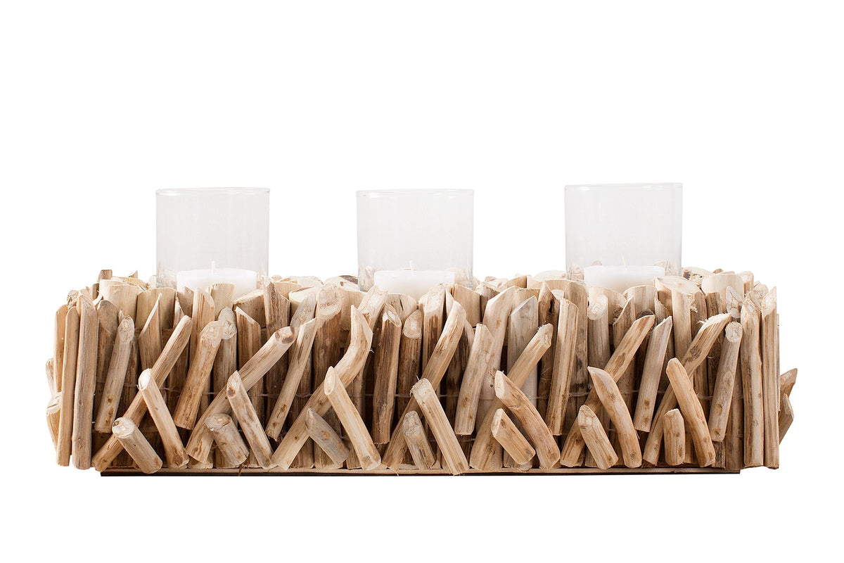 Élégant porte-bougie FOSSIL 50 cm bois flotté pour 3 bougies