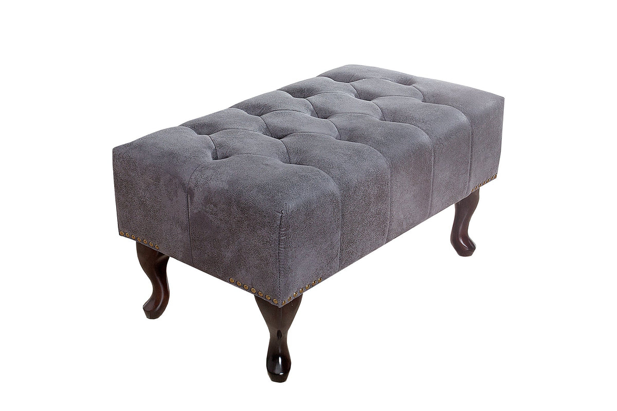 Élégant pouf Chesterfield antique gris microfibre avec capitonnage à boutons et clous décoratifs