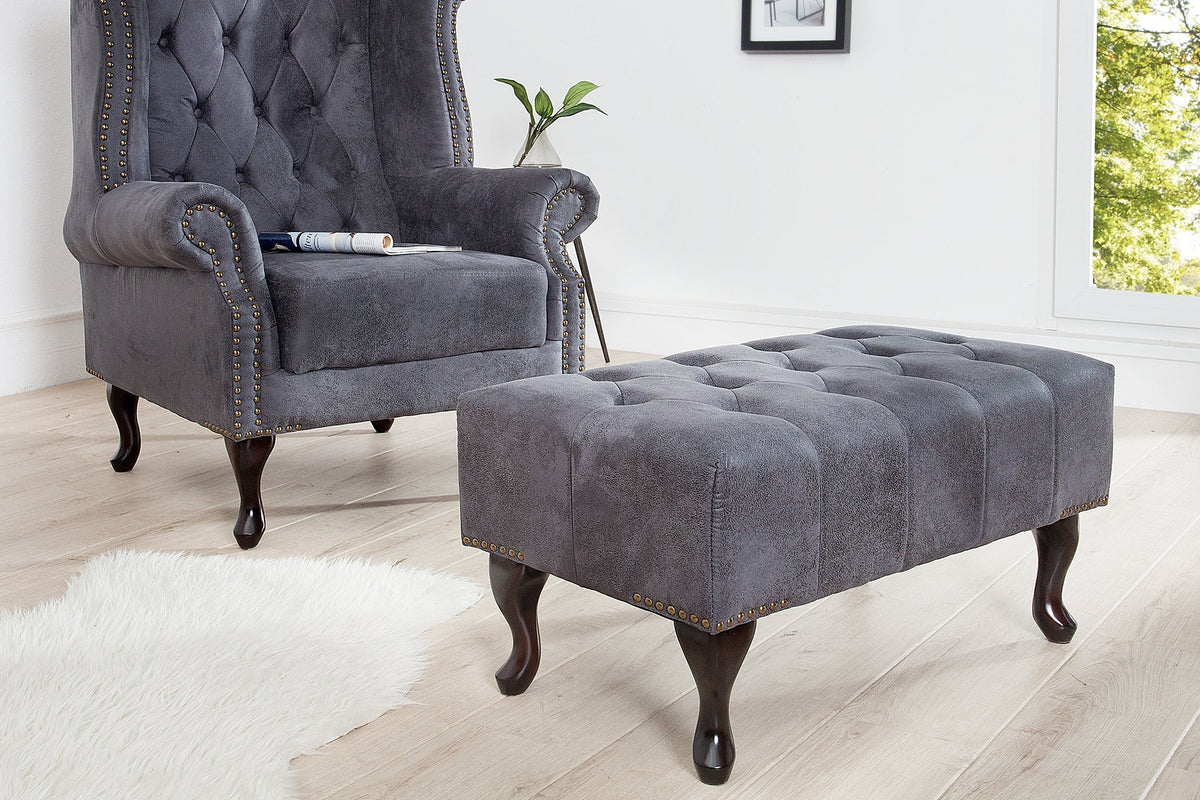 Élégant pouf Chesterfield antique gris microfibre avec capitonnage à boutons et clous décoratifs