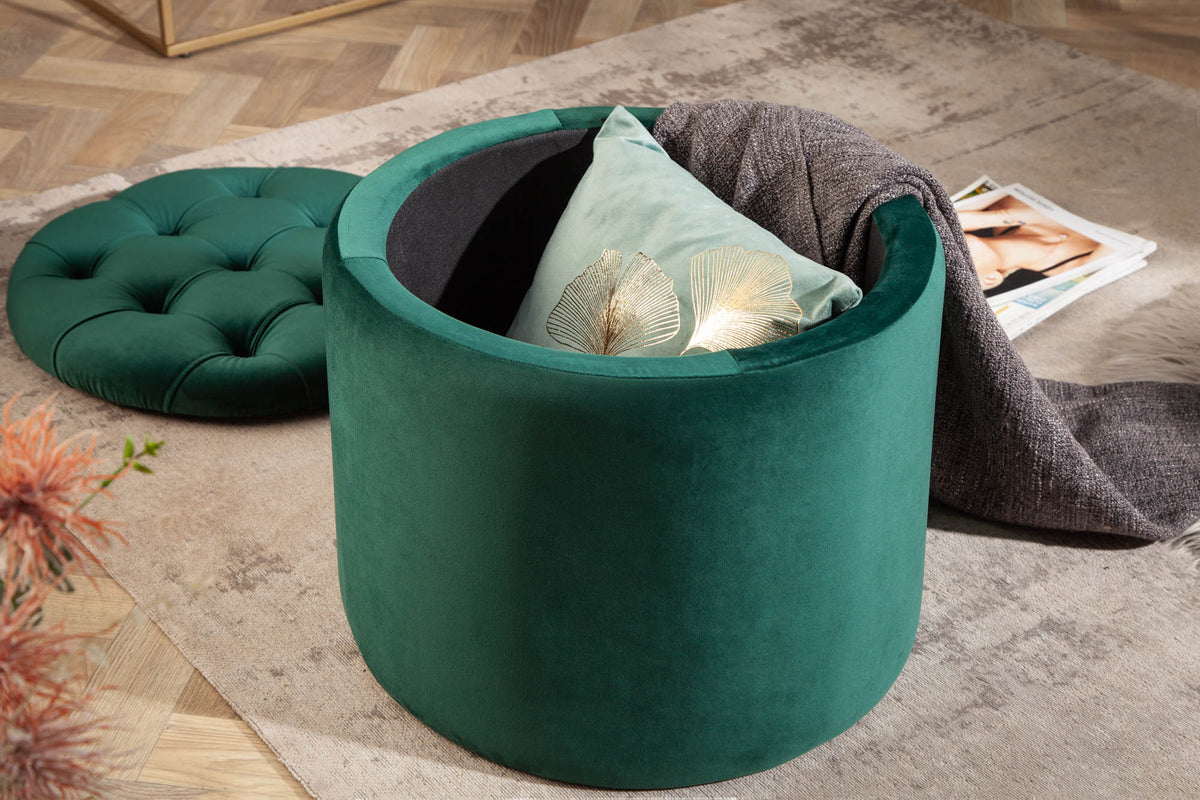 Élégant pouf MODERN BAROCK 50cm vert foncé velours coffre de rangement