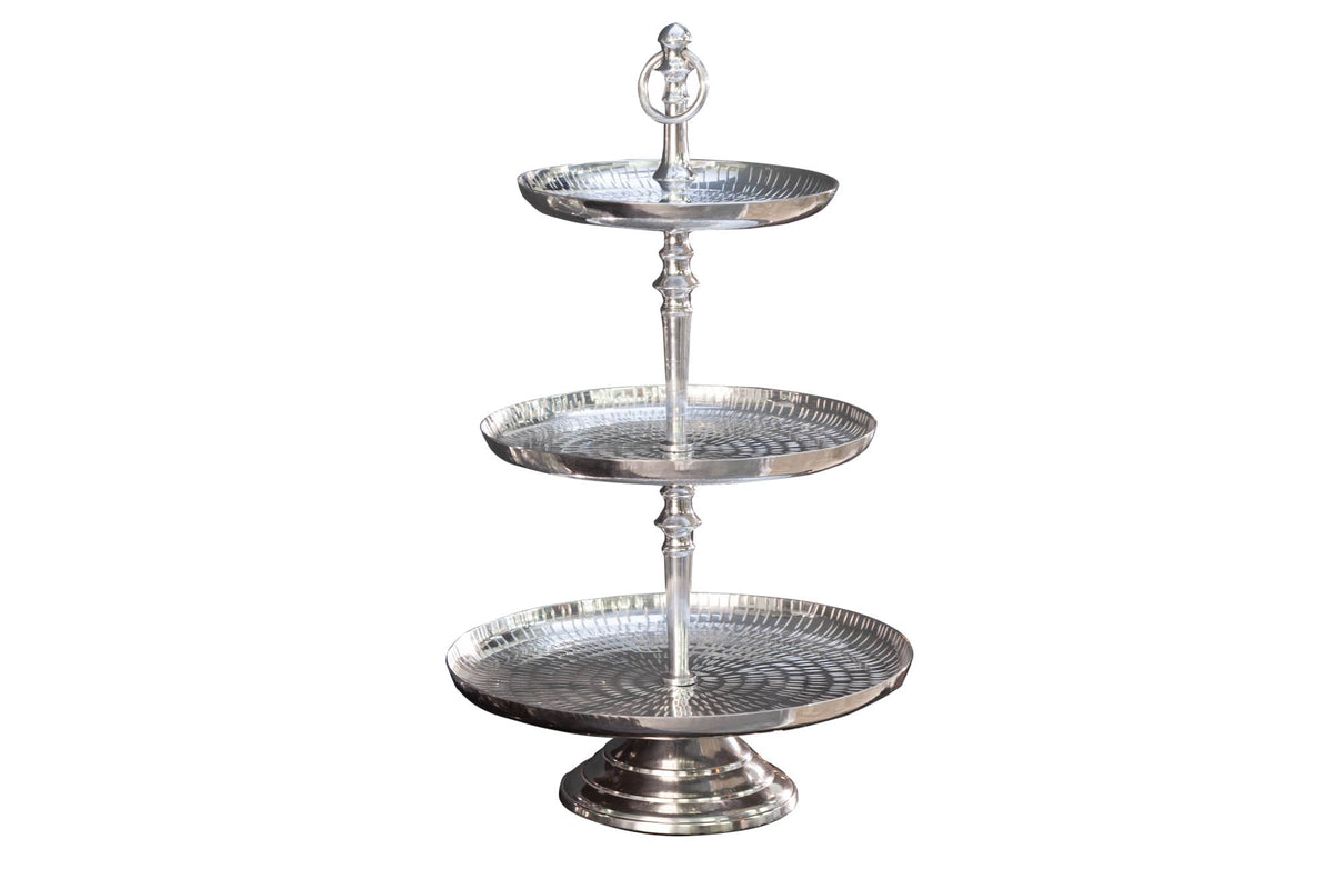 Élégant présentoir à gâteaux ORIENT 50 cm argenté au design marteau à riz avec trois niveaux