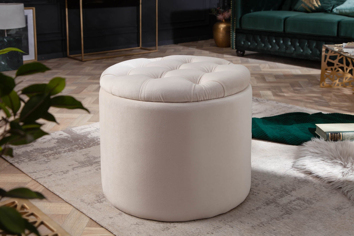 Élégant tabouret MODERN BAROCK 50cm champagne beige velours panier de rangement
