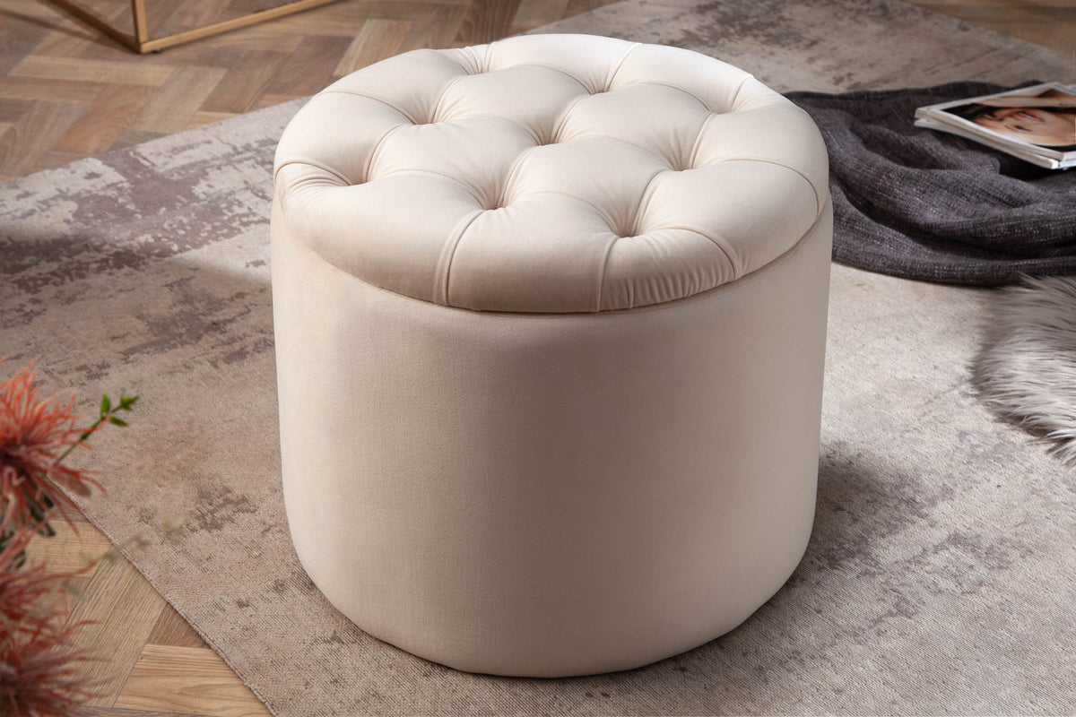 Élégant tabouret MODERN BAROCK 50cm champagne beige velours panier de rangement