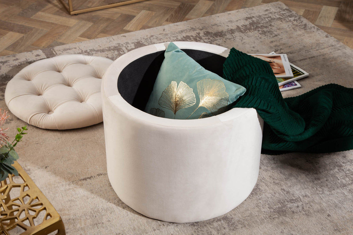 Élégant tabouret MODERN BAROCK 50cm champagne beige velours panier de rangement
