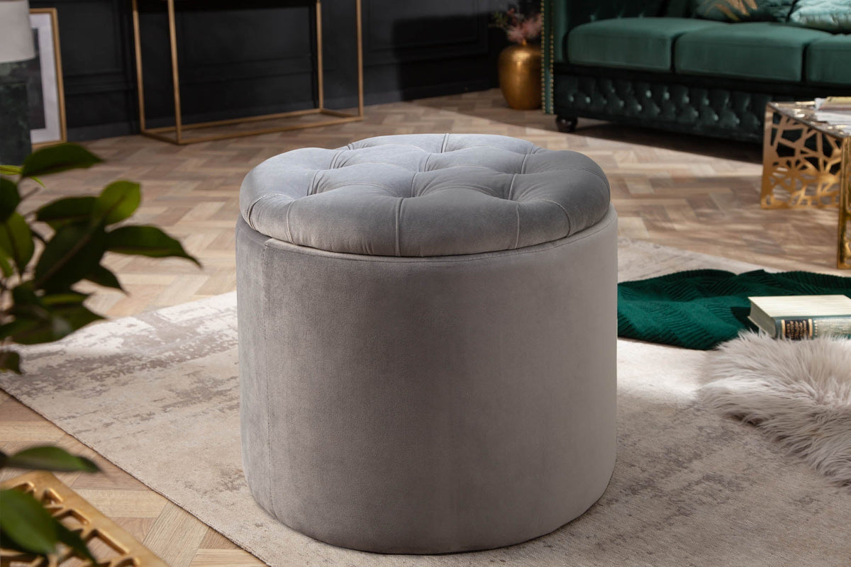 Élégant tabouret MODERN BAROCK 50cm gris argenté velours panier de rangement