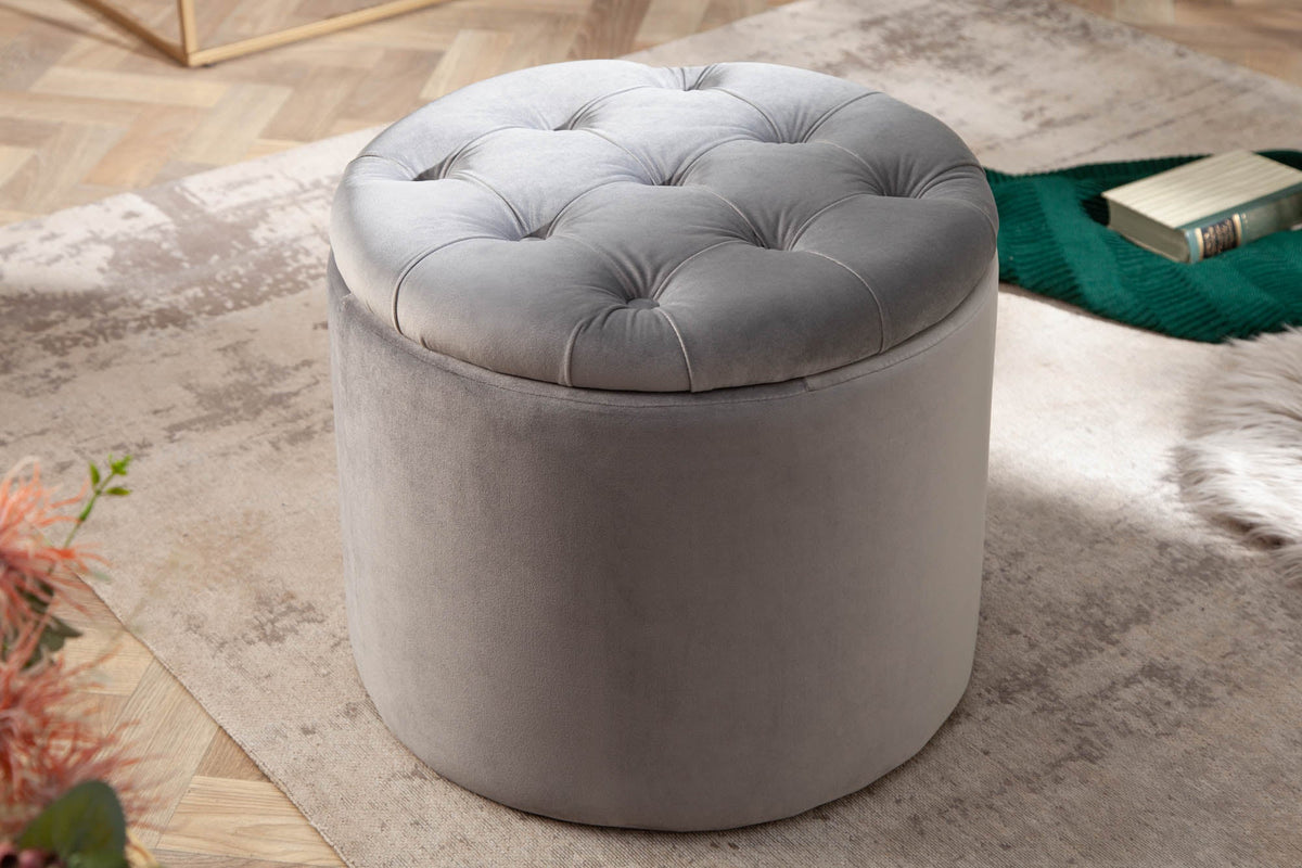 Élégant tabouret MODERN BAROCK 50cm gris argenté velours panier de rangement