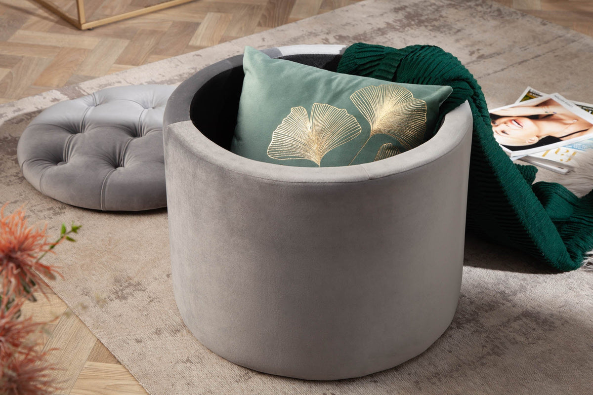 Élégant tabouret MODERN BAROCK 50cm gris argenté velours panier de rangement