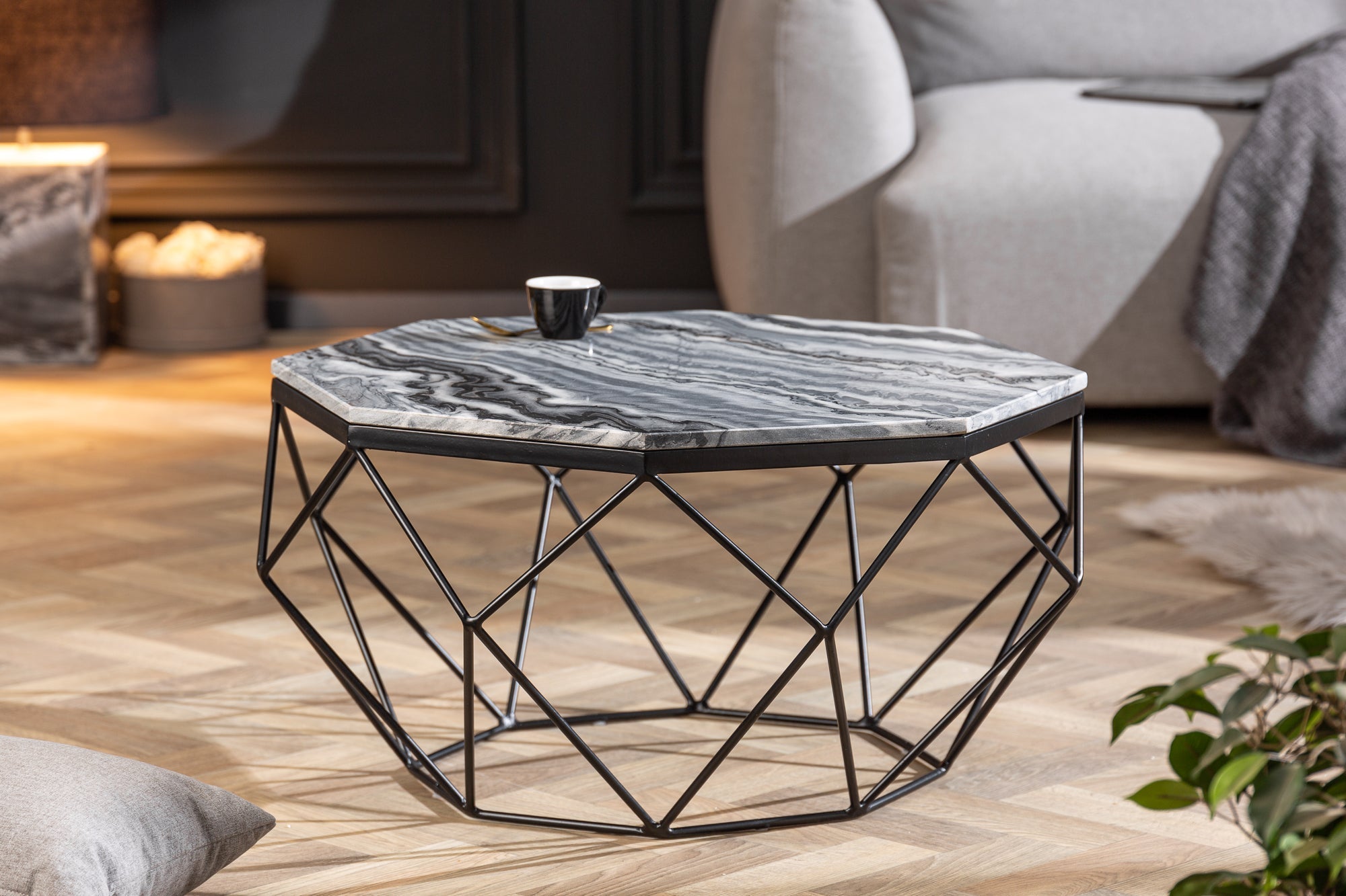 Elégante table basse DIAMOND 70cm gris noir avec plateau en marbre