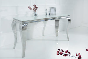 Elégante table console MODERN BAROQUE 145cm verre opale blanc pieds inox