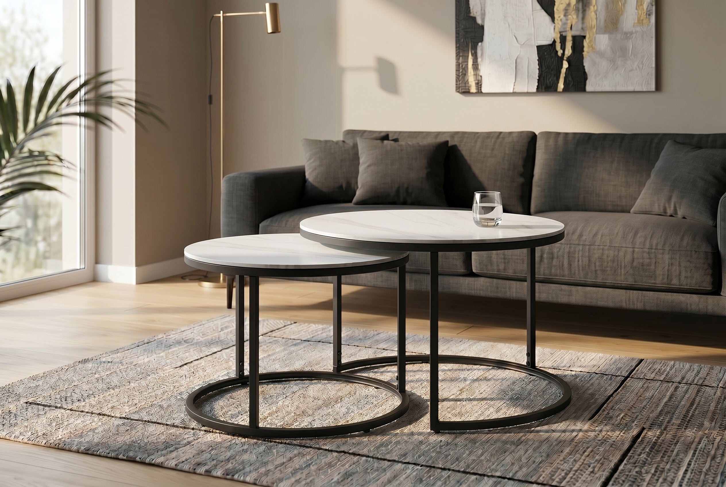 Ensemble de 2 tables basses ELEGANCE 75cm blanc céramique noir métal