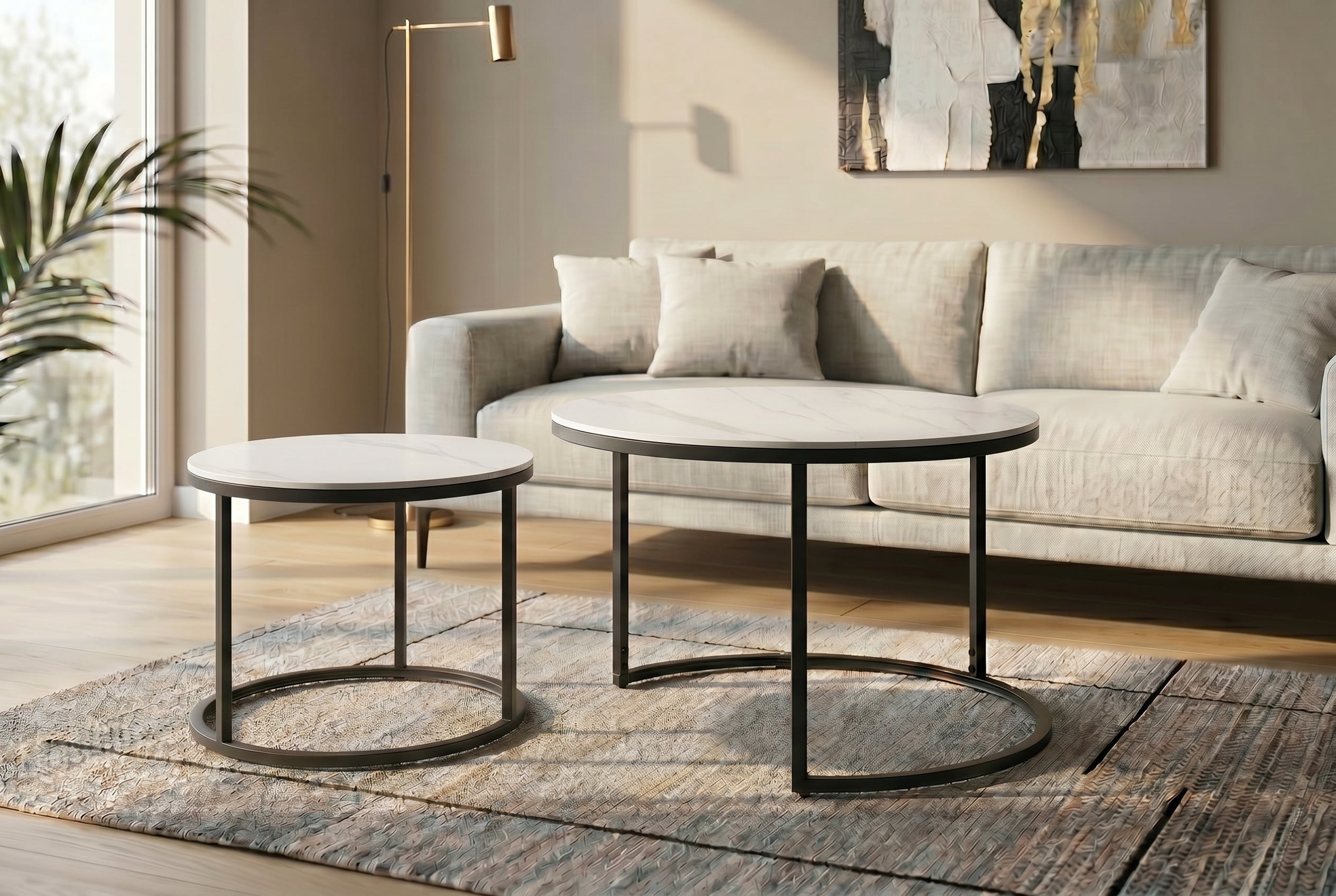 Ensemble de 2 tables basses ELEGANCE 75cm blanc céramique noir métal