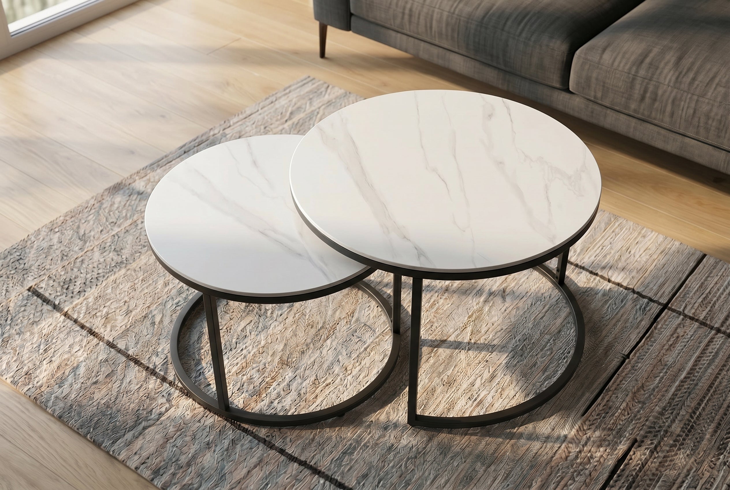 Ensemble de 2 tables basses ELEGANCE 75cm blanc céramique noir métal