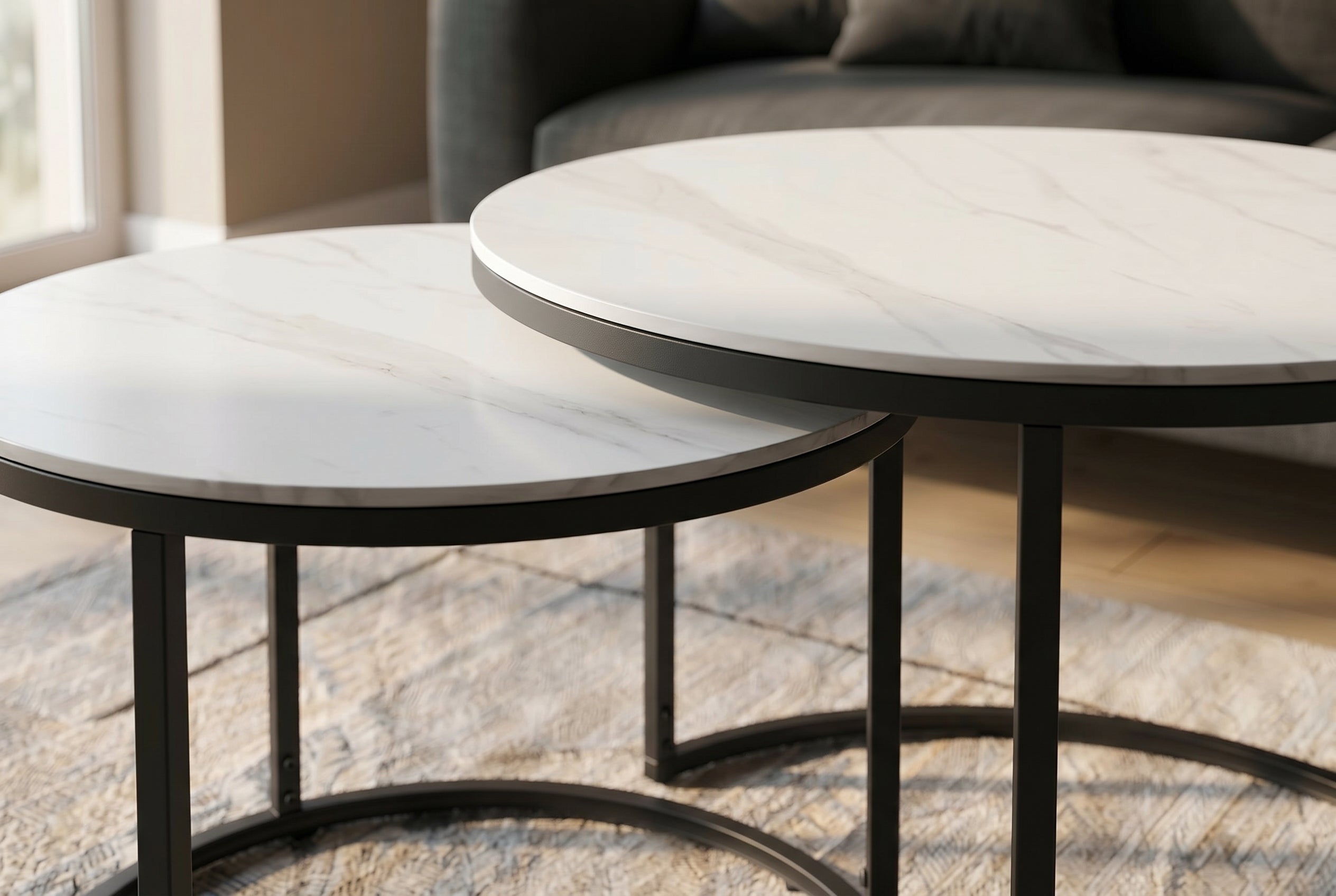 Ensemble de 2 tables basses ELEGANCE 75cm blanc céramique noir métal