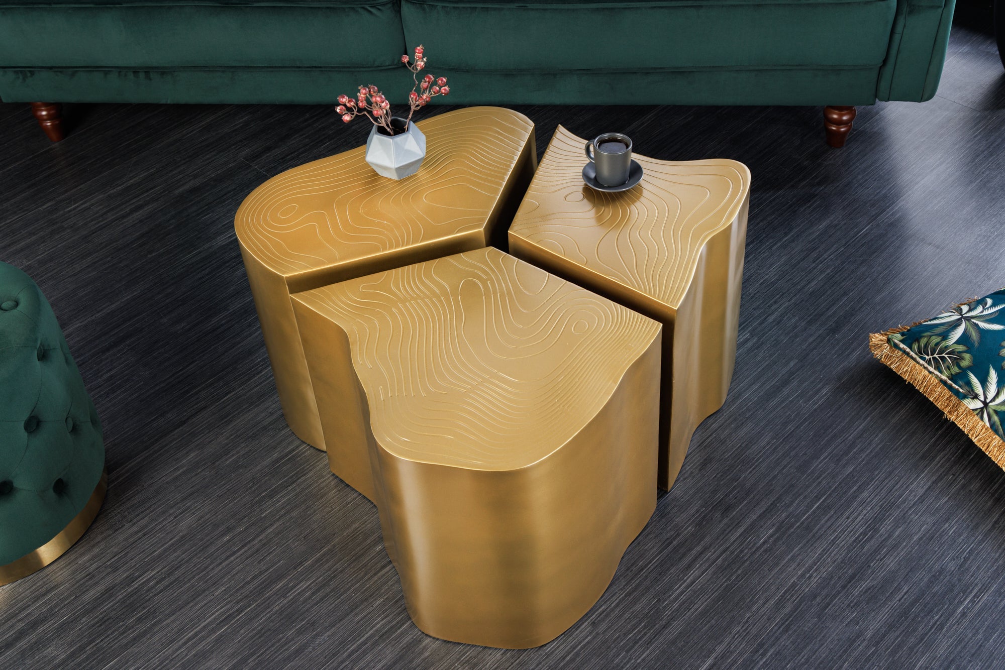 Juego de 3 mesas auxiliares de diseño BIO 80cm mesa de centro de tronco de árbol de metal de latón hecha a mano