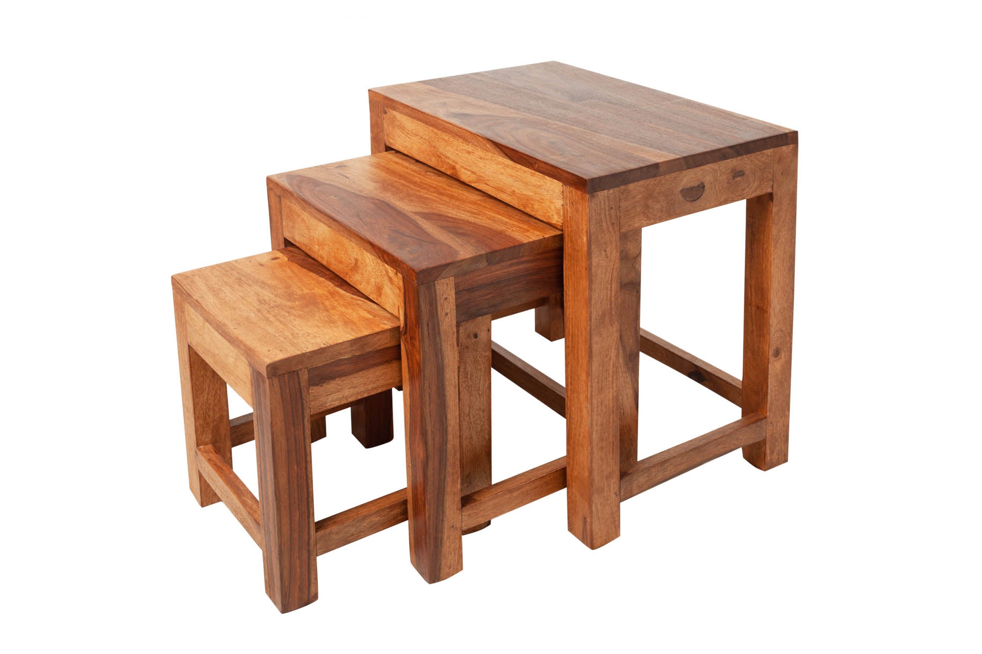 Lote de 3 mesas auxiliares de madera maciza MONSOON, 45 cm Mesa de centro acabado piedra Sheesham marrón