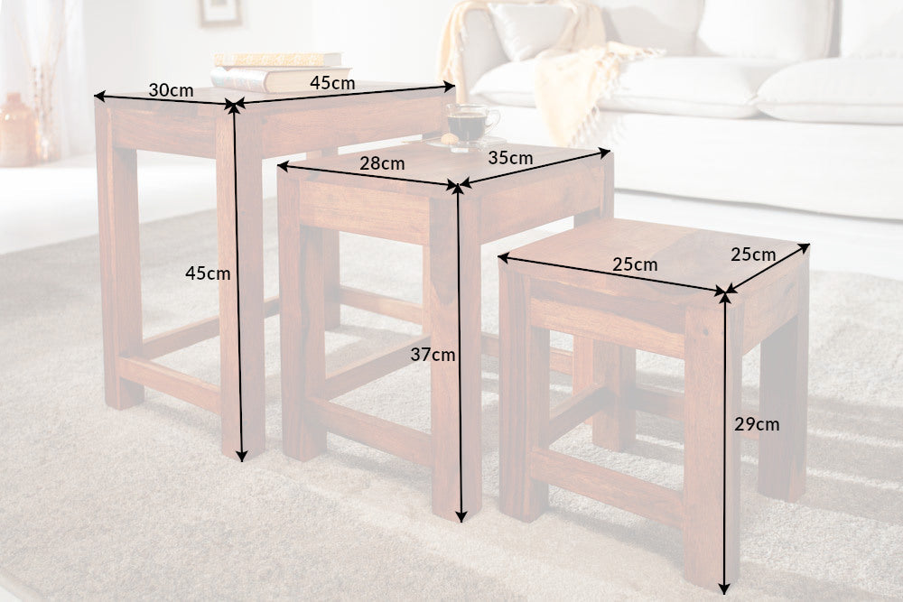 Lote de 3 mesas auxiliares de madera maciza MONSOON, 45 cm Mesa de centro acabado piedra Sheesham marrón