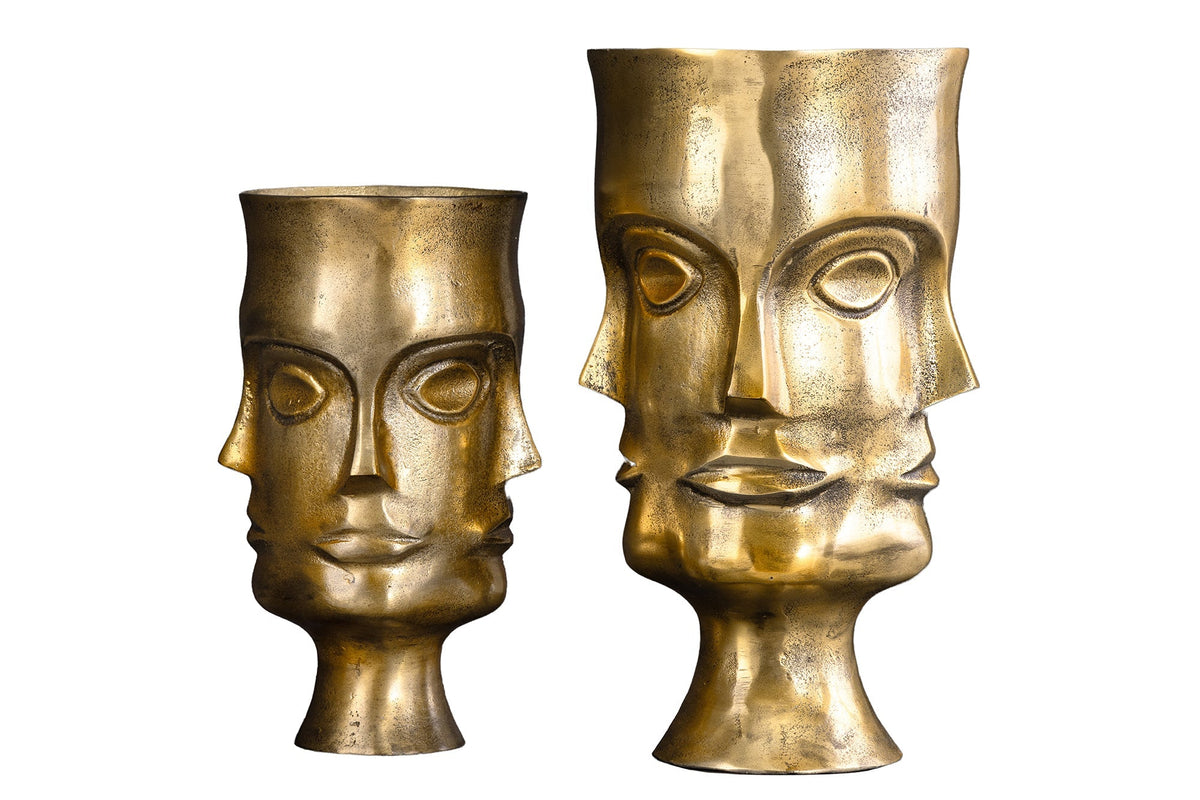 Ensemble fait main de 2 vases FACE 40 cm laiton antique métal pots de fleurs
