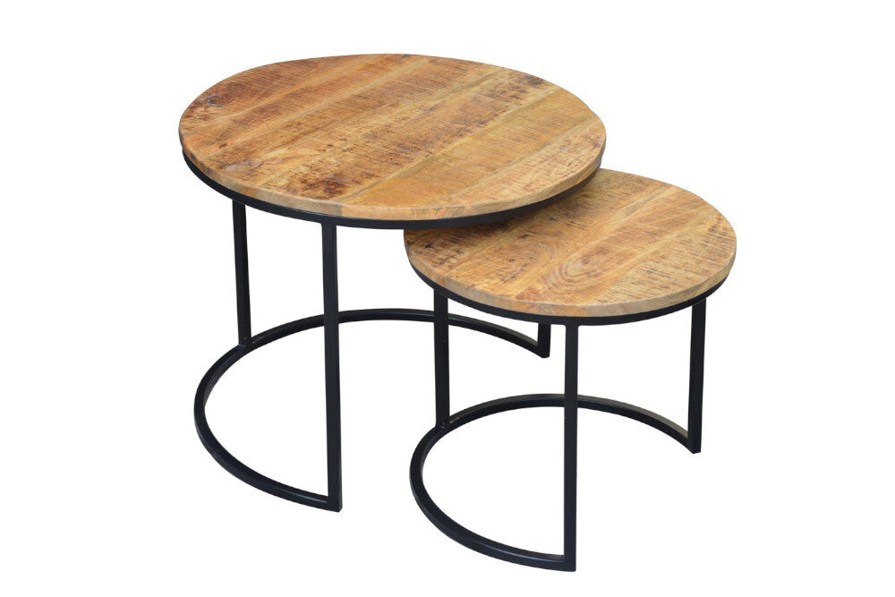 Juego industrial de 2 mesas auxiliares ELEMENTS de 60 cm de madera maciza de mango, redondas, estructura de metal negro