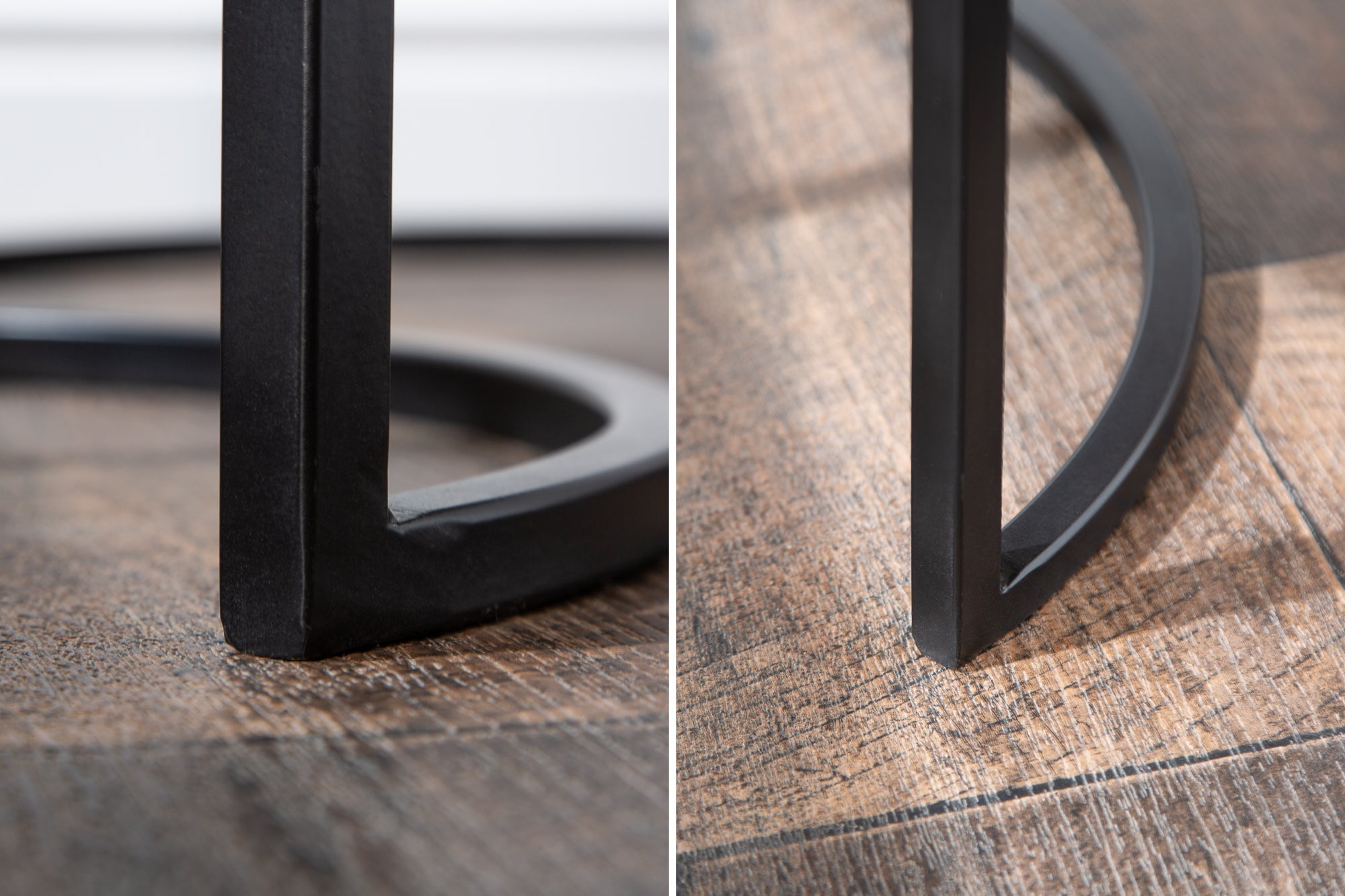 Juego industrial de 2 mesas auxiliares ELEMENTS de 60 cm de madera maciza de mango, redondas, estructura de metal negro
