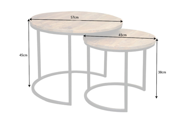 Juego industrial de 2 mesas auxiliares ELEMENTS de 60 cm de madera maciza de mango, redondas, estructura de metal negro