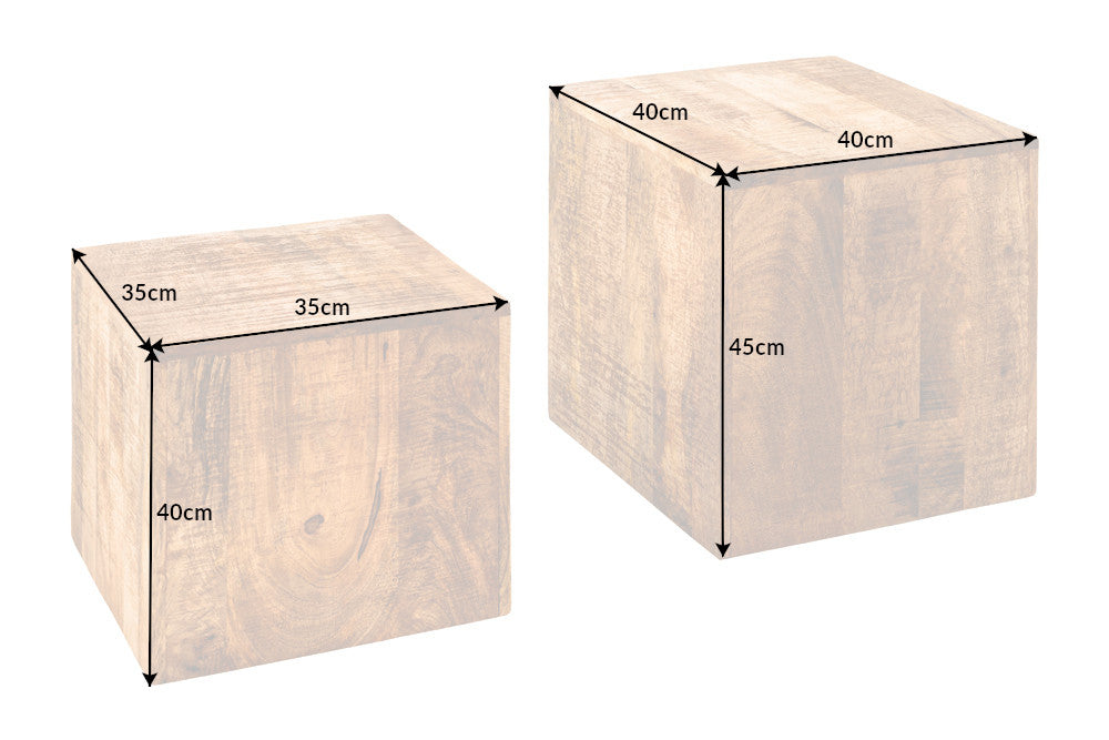 Sólido juego de 2 mesas auxiliares CURACAO Mesa de centro cúbica de 45 cm en madera de mango natural, fabricada a mano