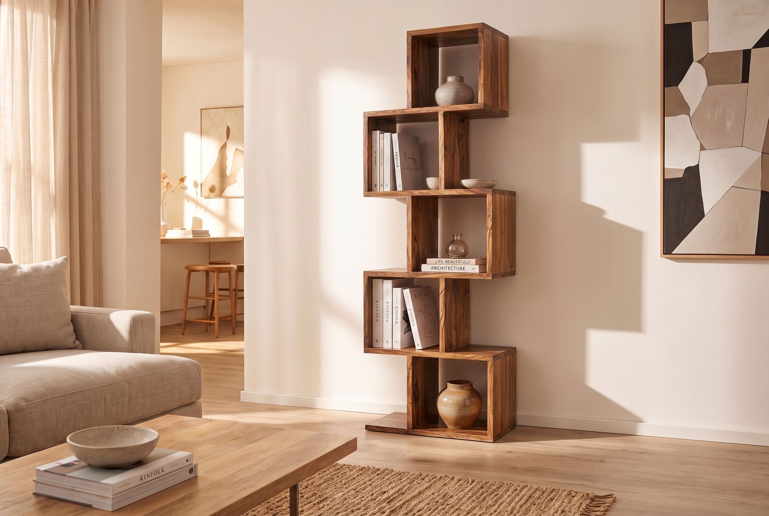 Etagère cube massive MAKASSAR 150cm marron finition pierre Sheesham grain unique