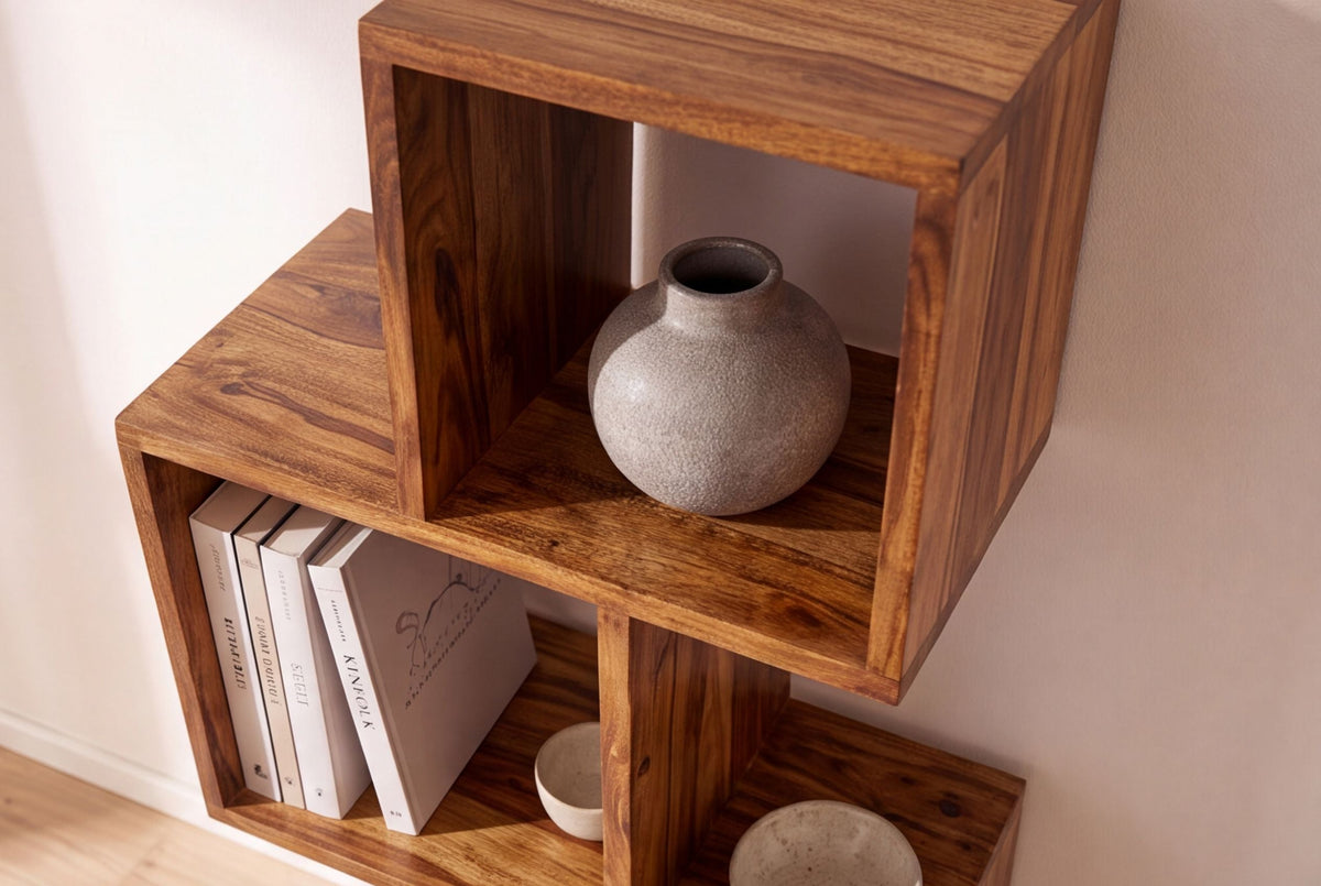 Etagère cube massive MAKASSAR 150cm marron finition pierre Sheesham grain unique