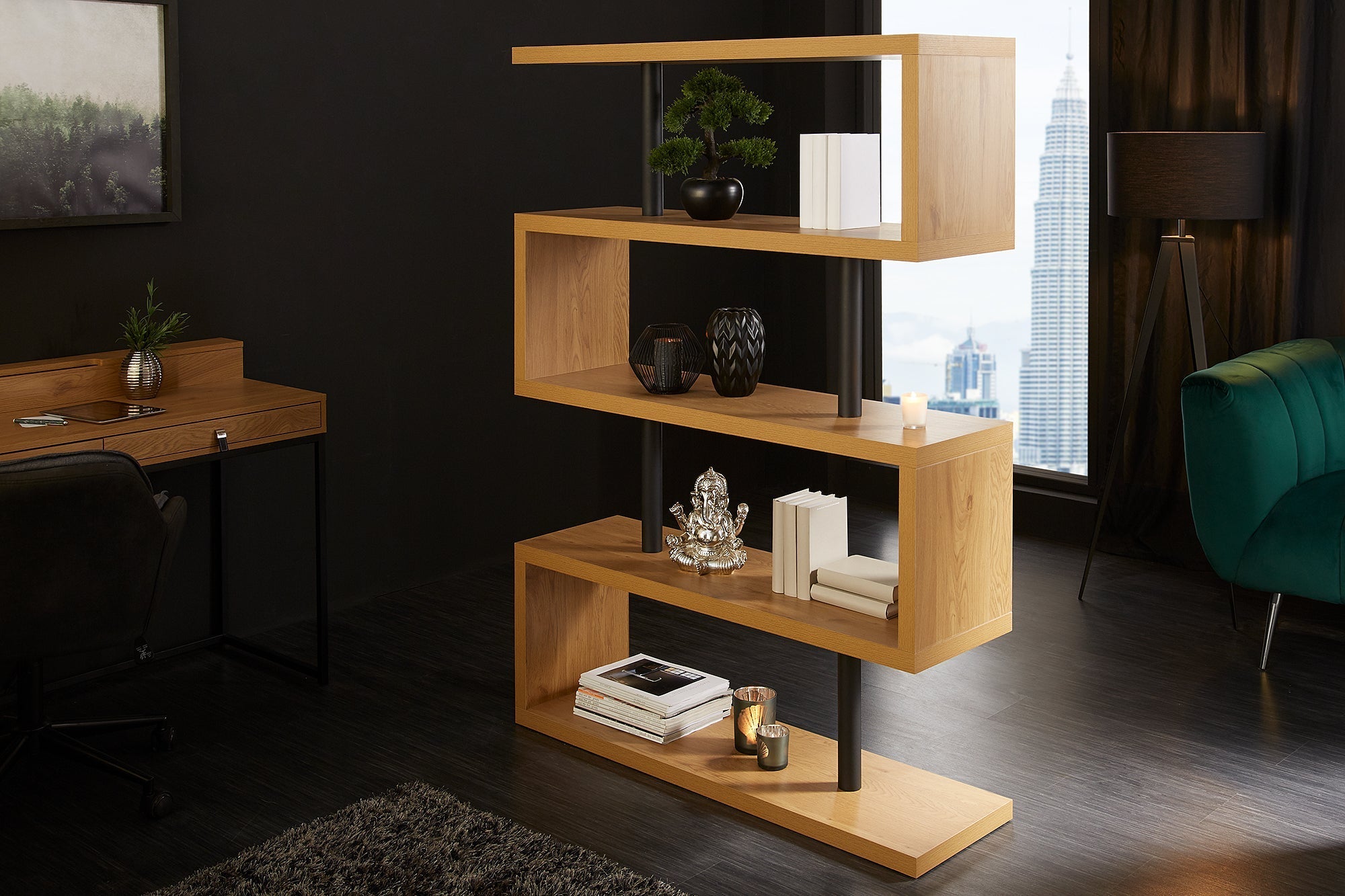 Etagère design SNAKE Bibliothèque 165cm aspect chêne avec cinq étagères