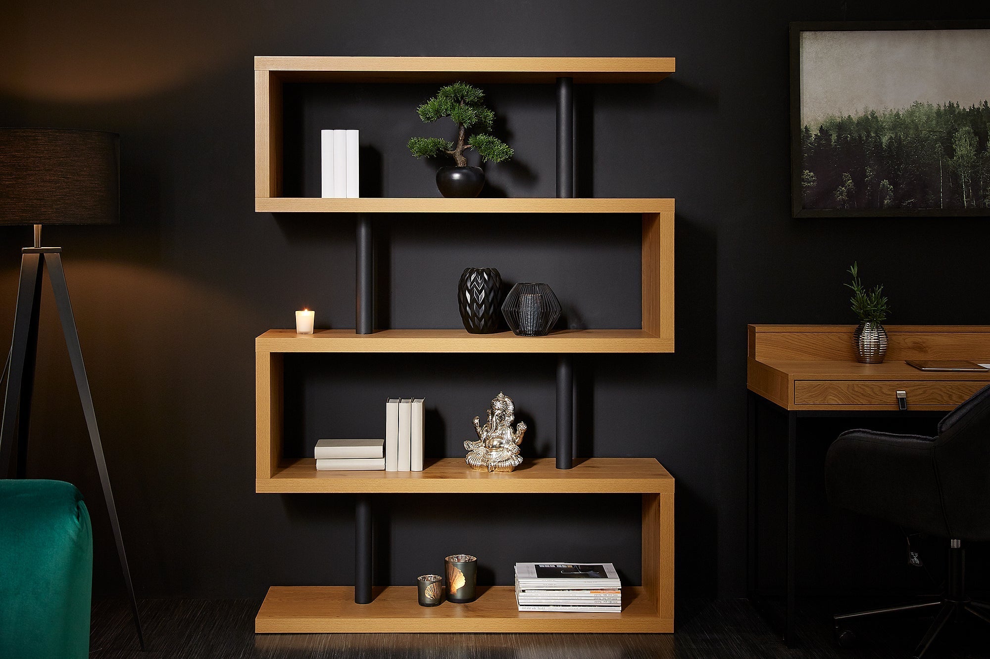 Etagère design SNAKE Bibliothèque 165cm aspect chêne avec cinq étagères