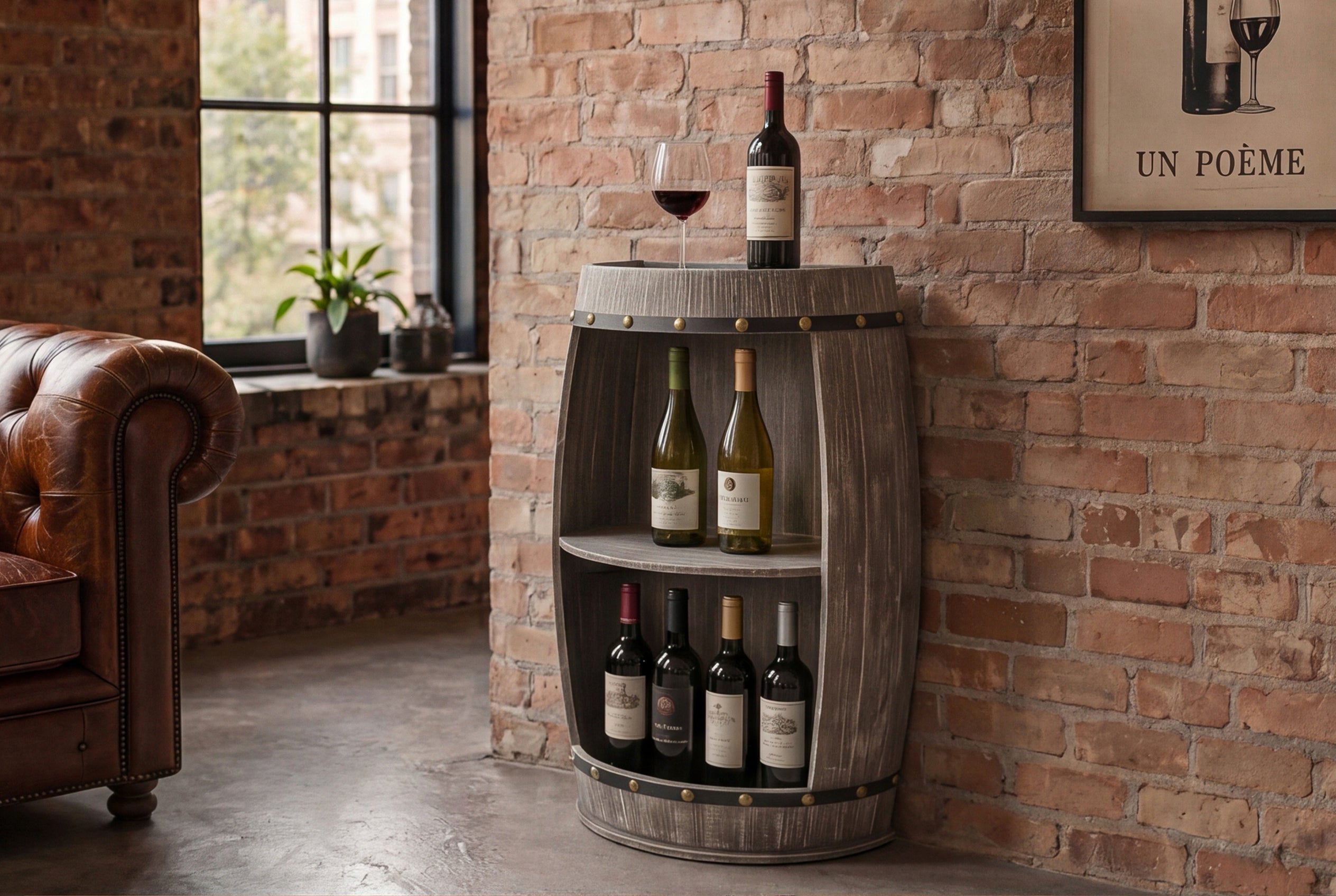 Etagère élégante BODEGA 79cm pin naturel demi fût de vin Shabby Chic