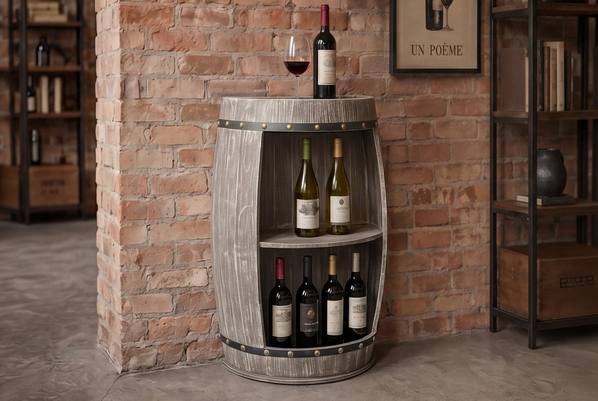 Etagère élégante BODEGA 79cm pin naturel demi fût de vin Shabby Chic