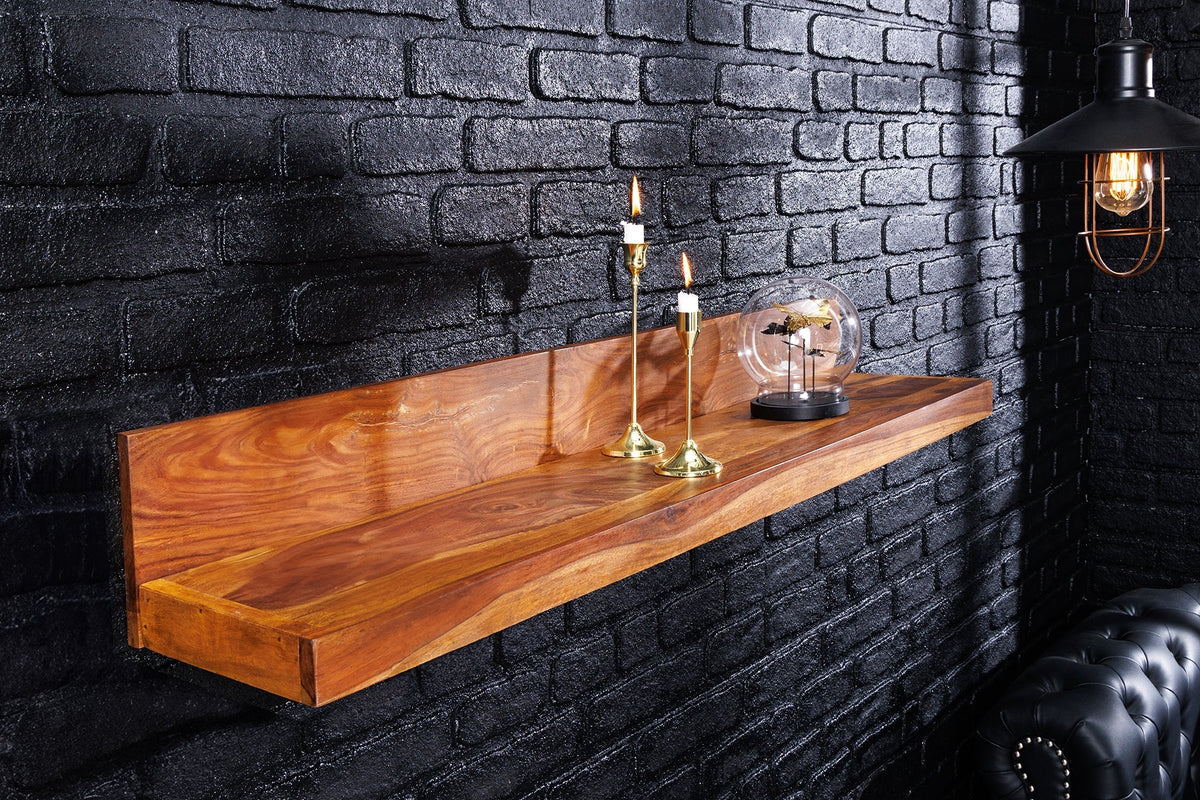 Etagère murale solide MAKASSAR 80cm bois de sheesham marron finition pierre fait main