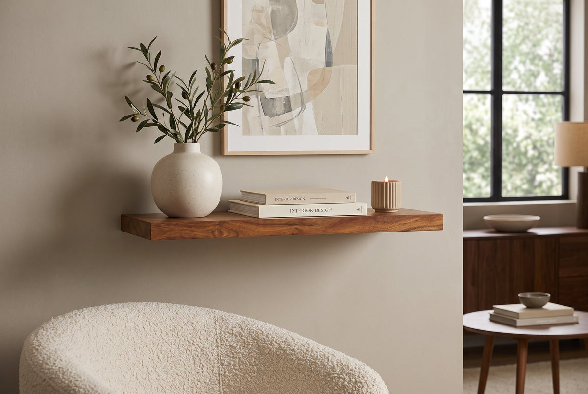 Etagère murale solide PURE 60cm finition pierre marron étagère enfichable en bois de Sesham