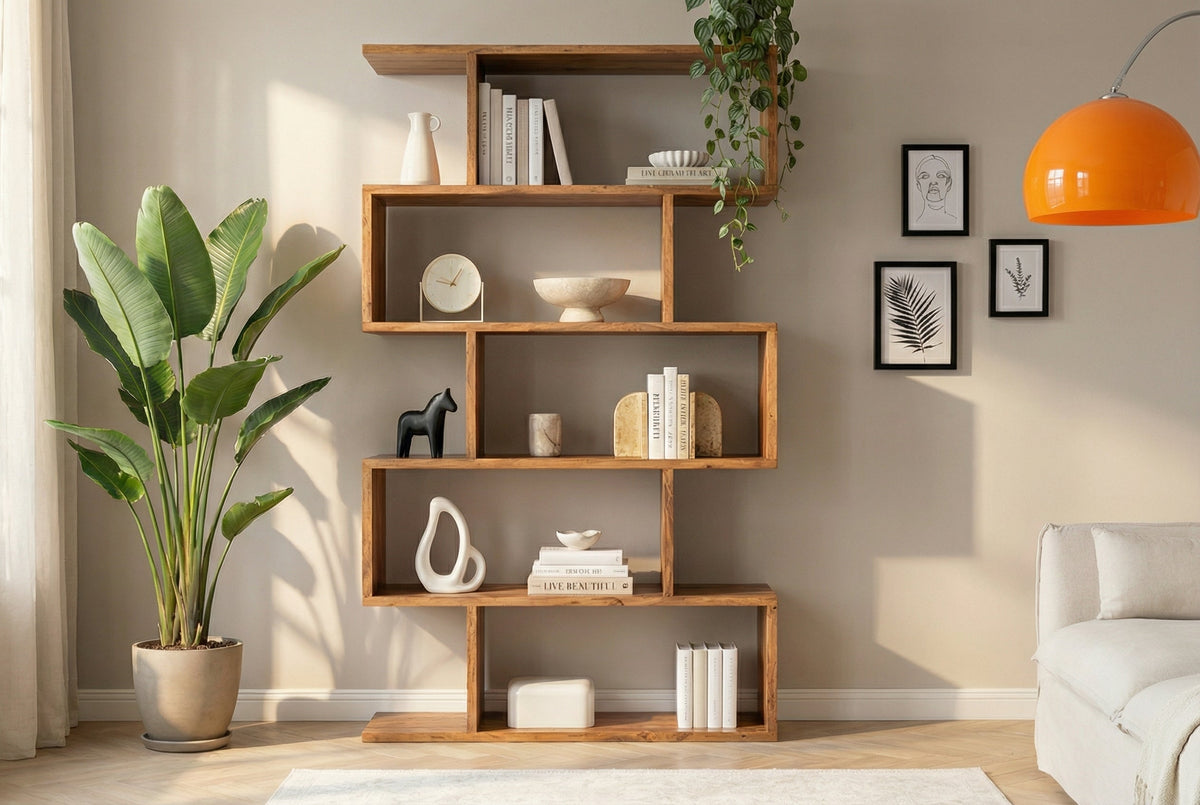 Etagère Solid Bibliothèque Snake 180cm en bois d’acacia naturel avec cinq étagères