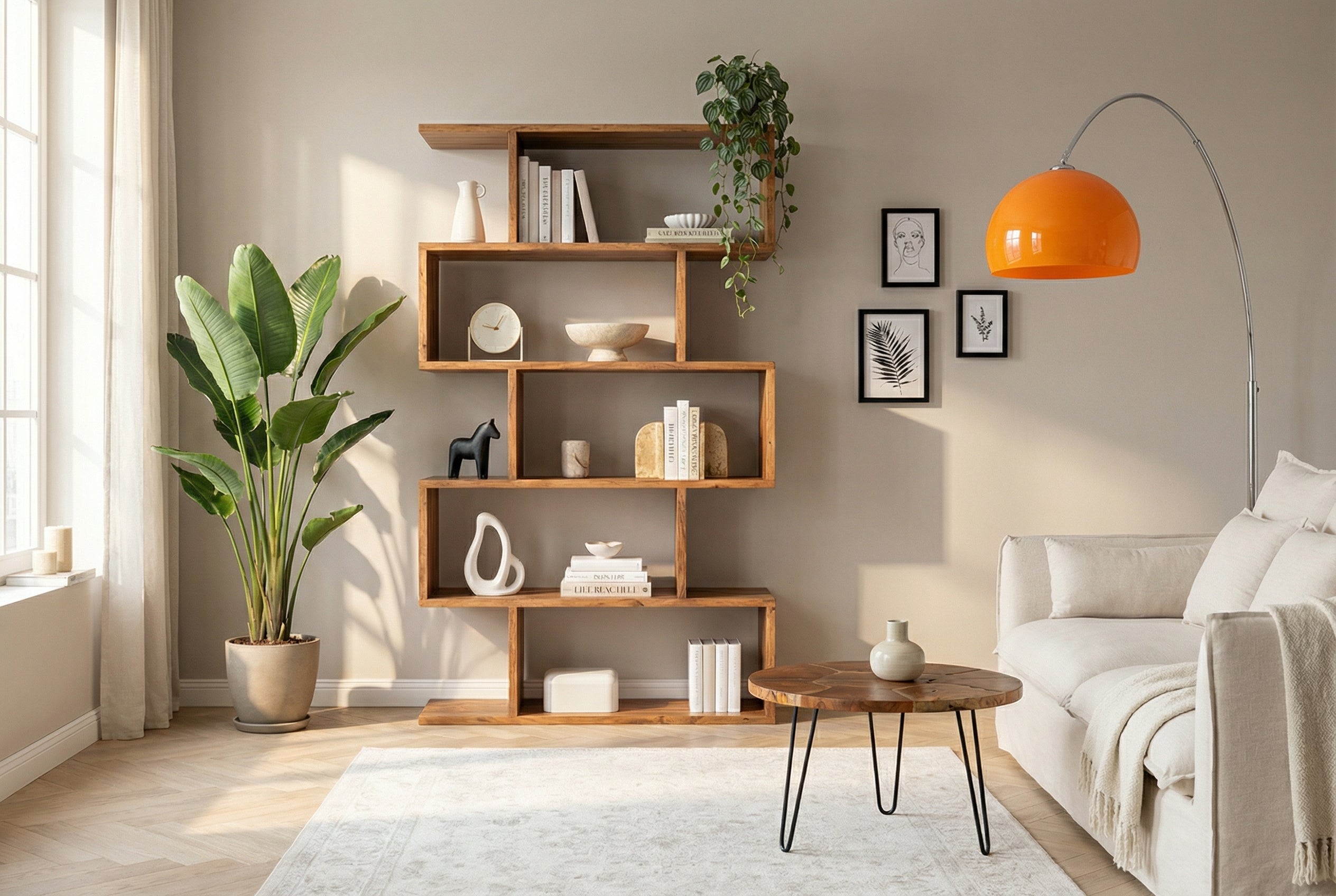 Etagère Solid Bibliothèque Snake 180cm en bois d’acacia naturel avec cinq étagères