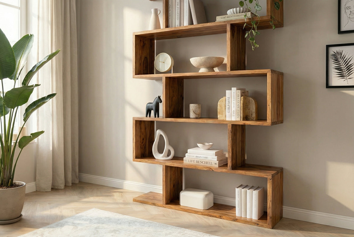 Etagère Solid Bibliothèque Snake 180cm en bois d’acacia naturel avec cinq étagères