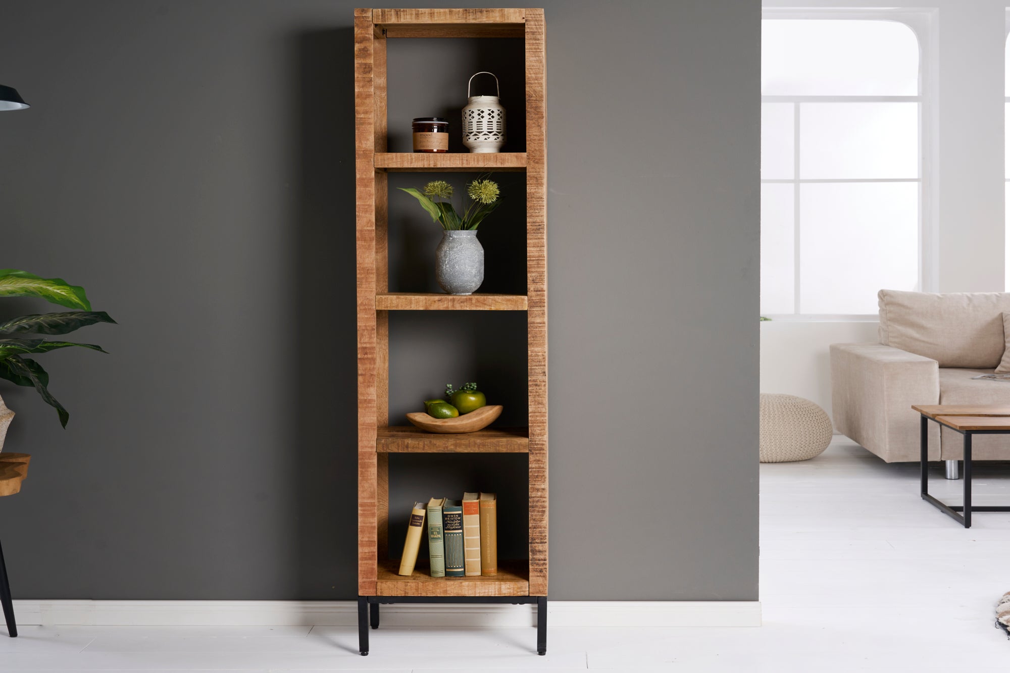 Etagère solide IRON CRAFT 176cm bibliothèque en bois de manguier quatre compartiments design industriel