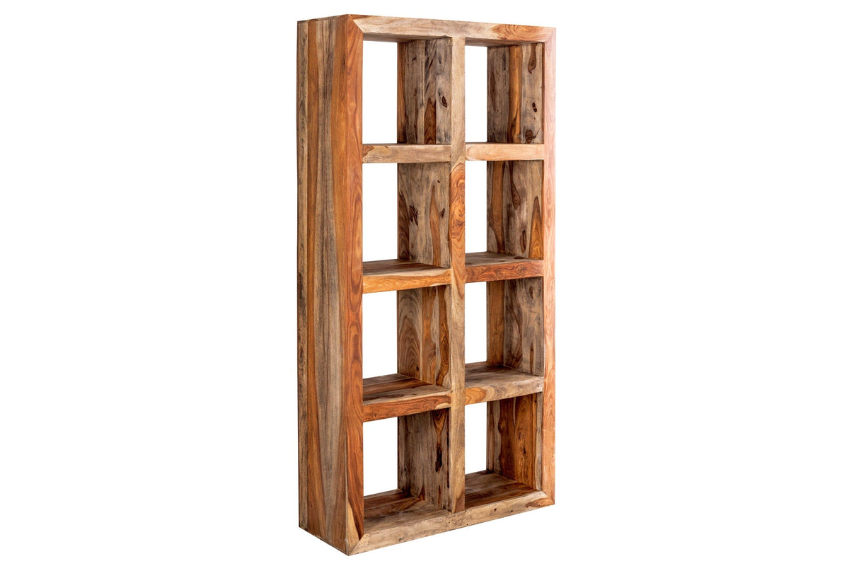 Etagère solide MAKASSAR 180cm bois Sheesham finition fumée 8 compartiments fait main
