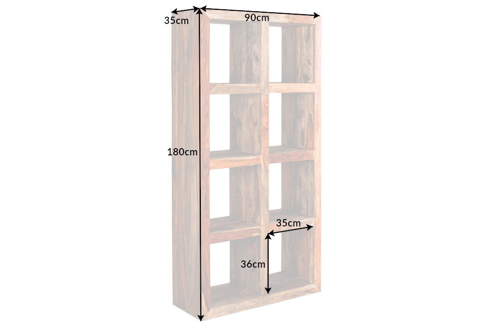 Etagère solide MAKASSAR 180cm bois Sheesham finition fumée 8 compartiments fait main