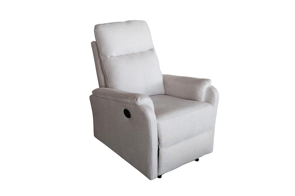 Exclusif 1er fauteuil de cinéma HOLLYWOOD beige tissu structuré position allongée électrique