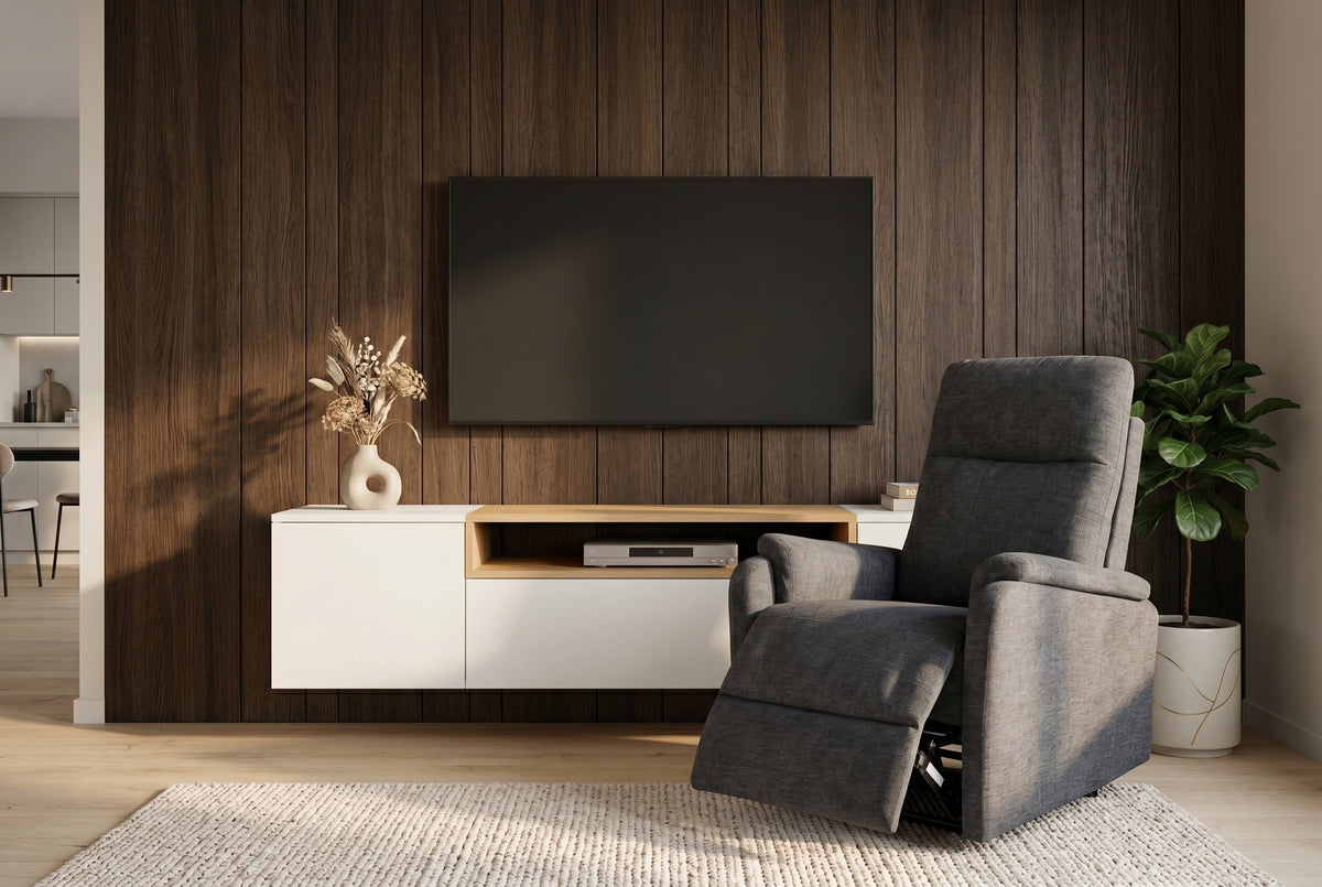 Exclusif 1er fauteuil de cinéma HOLLYWOOD gris tissu structuré position allongée électrique