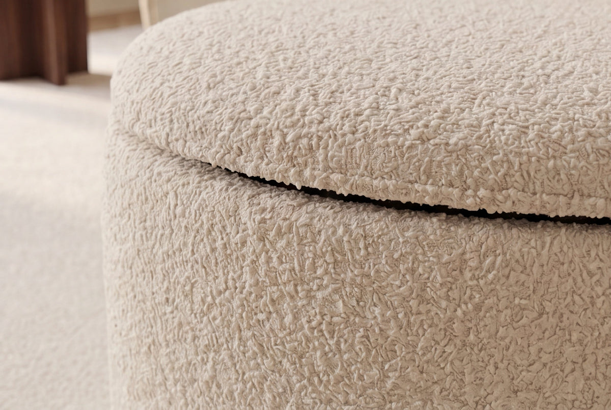 Extravagante banquette rembourrée ELEMENTAL 120cm beige champagne tricot fin bouclé avec rangement