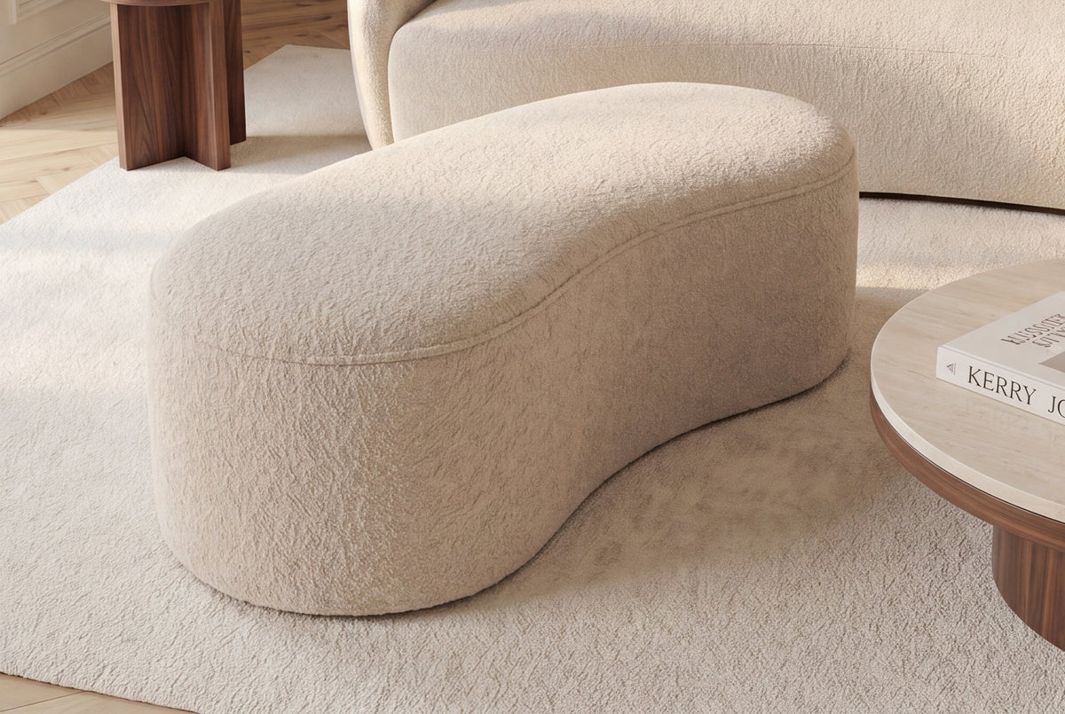 Extravagante banquette rembourrée ELEMENTAL 120cm beige champagne tricot fin bouclé avec rangement