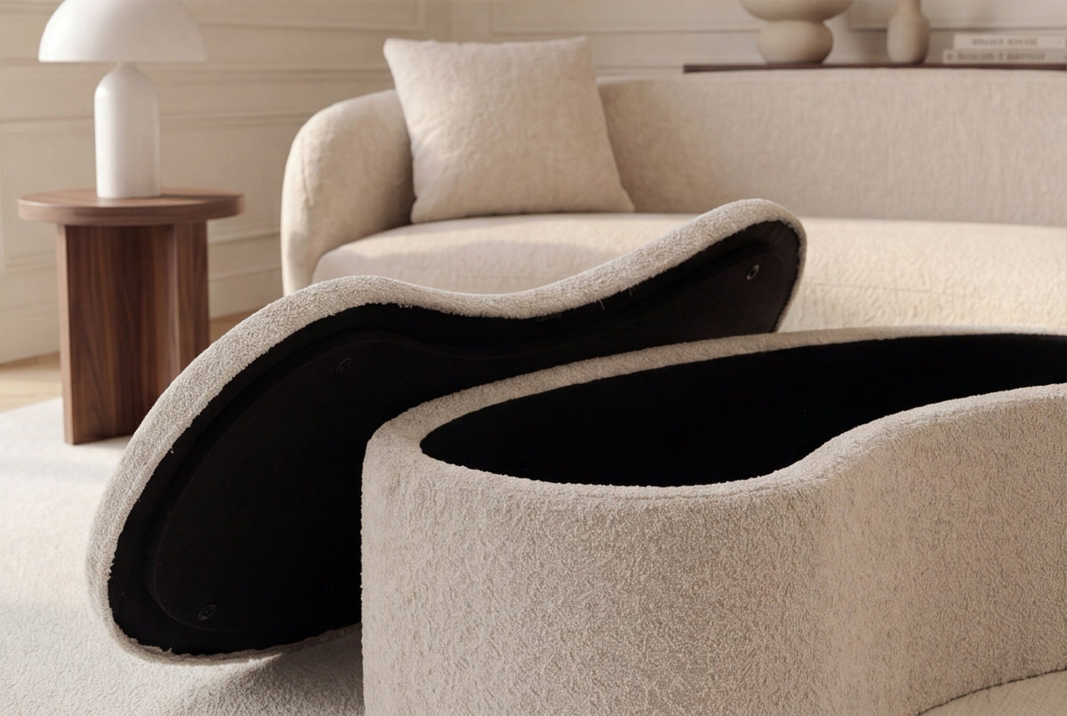 Extravagante banquette rembourrée ELEMENTAL 120cm beige champagne tricot fin bouclé avec rangement
