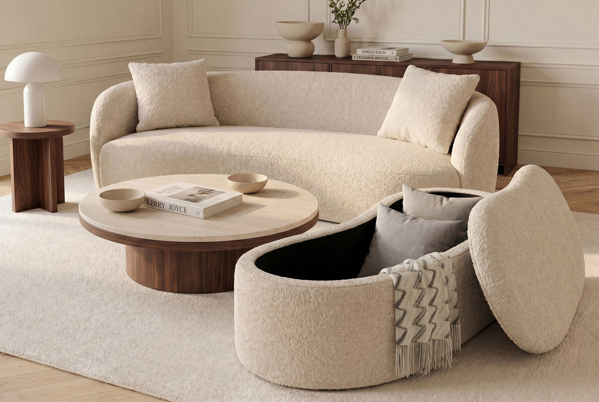 Extravagante banquette rembourrée ELEMENTAL 120cm beige champagne tricot fin bouclé avec rangement